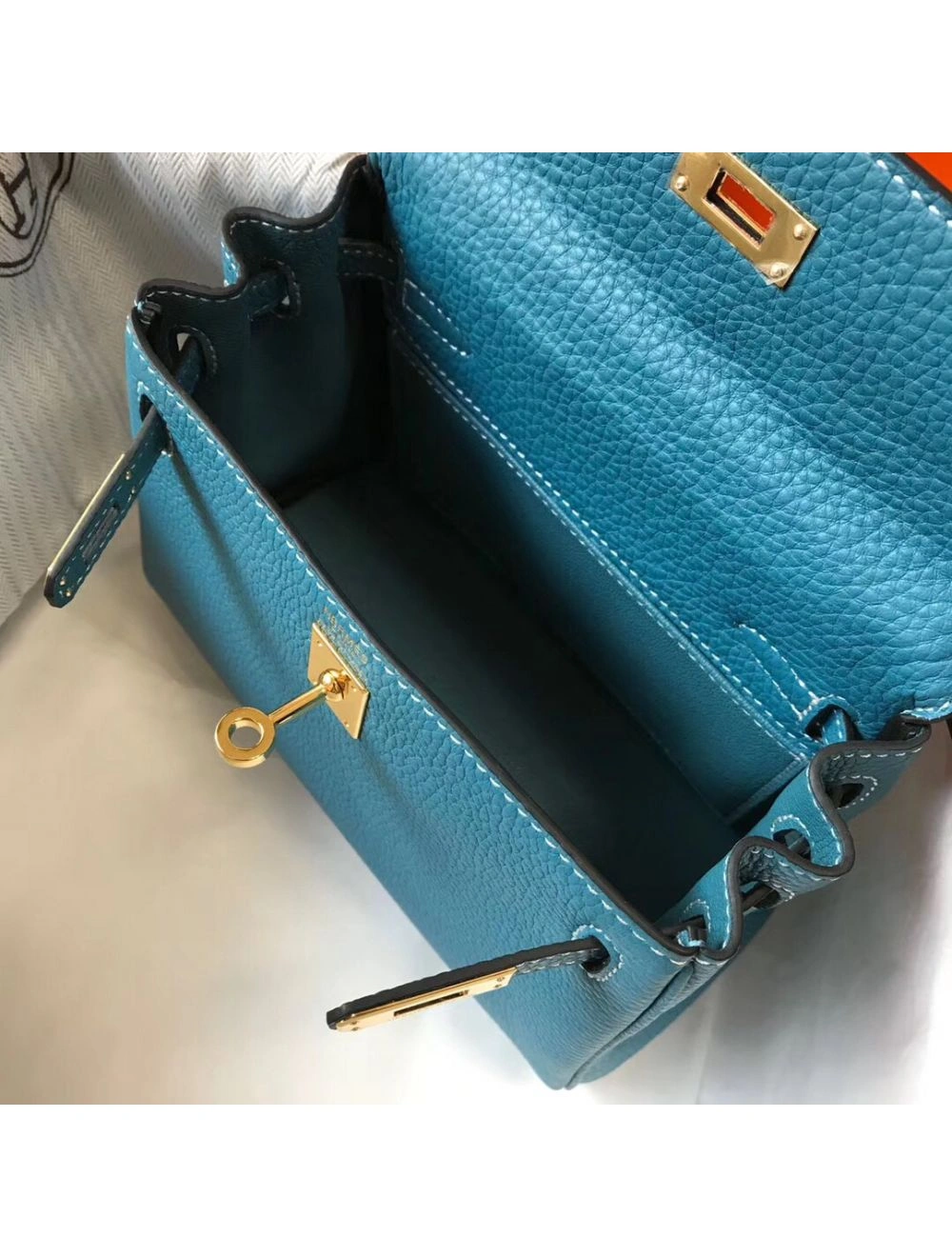 Hermes Kelly 20cm Bag In Blue Jean Clemence Leather GHW
