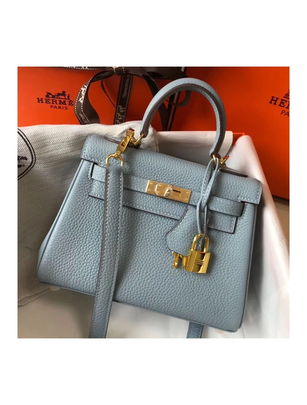 Hermes Kelly 20cm Bag In Blue Lin Clemence Leather GHW