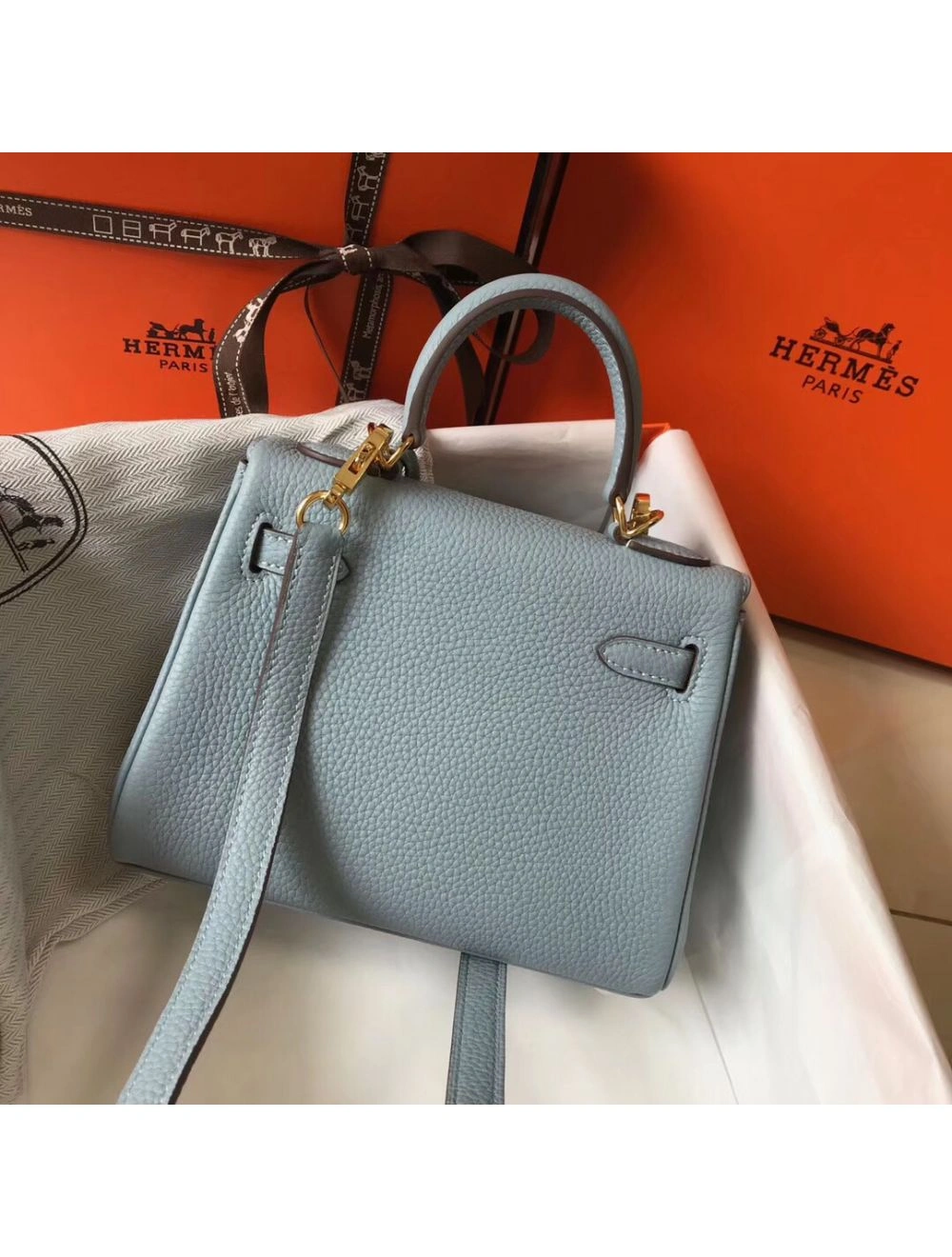 Hermes Kelly 20cm Bag In Blue Lin Clemence Leather GHW