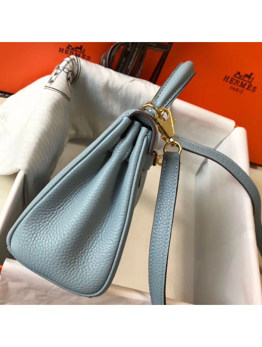 Hermes Kelly 20cm Bag In Blue Lin Clemence Leather GHW