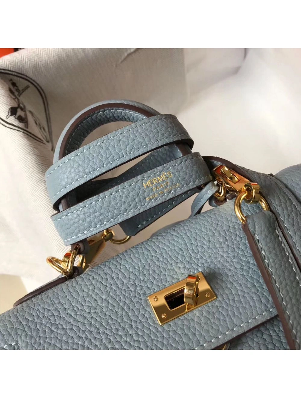 Hermes Kelly 20cm Bag In Blue Lin Clemence Leather GHW