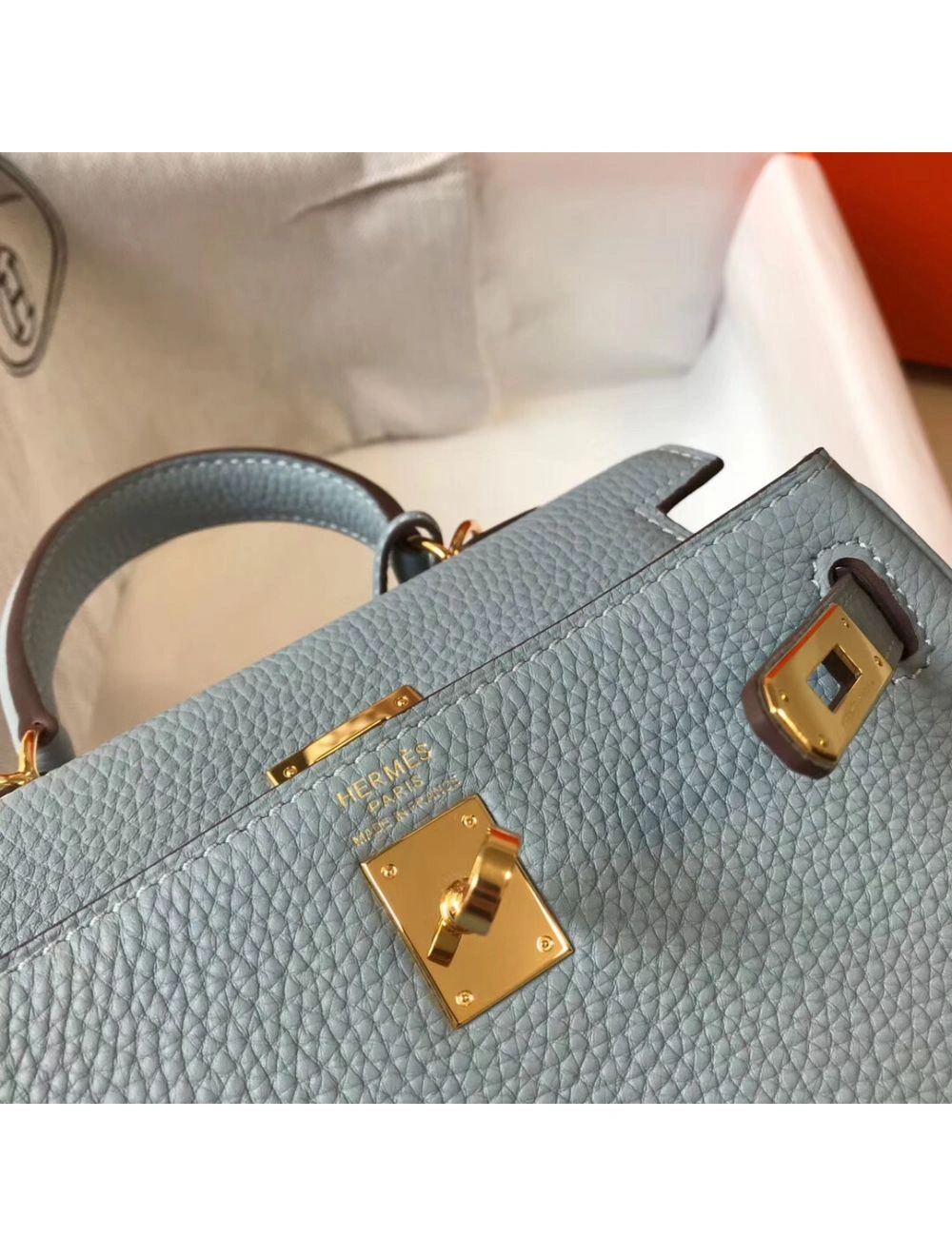 Hermes Kelly 20cm Bag In Blue Lin Clemence Leather GHW