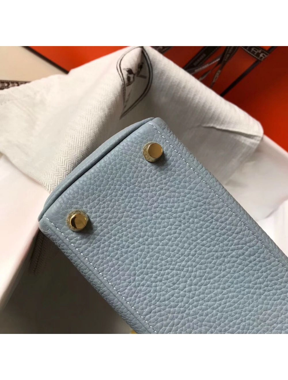 Hermes Kelly 20cm Bag In Blue Lin Clemence Leather GHW