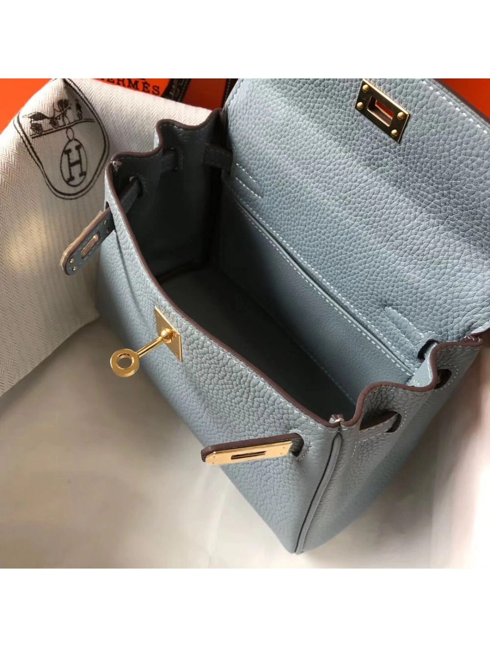 Hermes Kelly 20cm Bag In Blue Lin Clemence Leather GHW