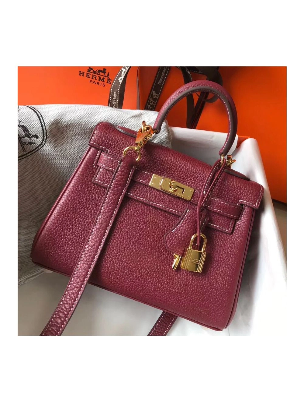 Hermes Kelly 20cm Bag In Bordeaux lemence Leather GHW