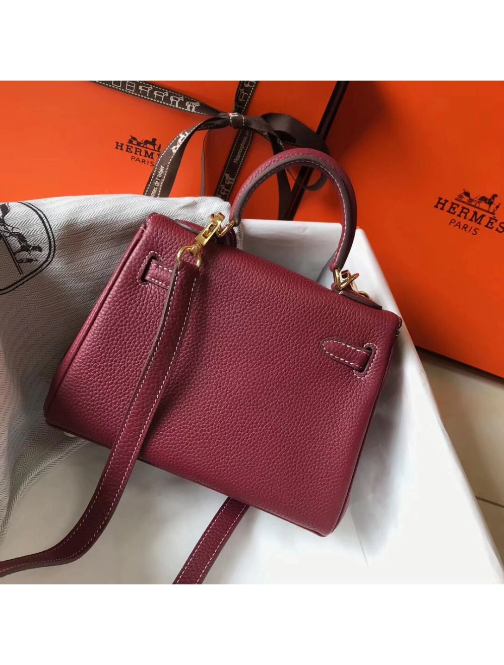 Hermes Kelly 20cm Bag In Bordeaux lemence Leather GHW