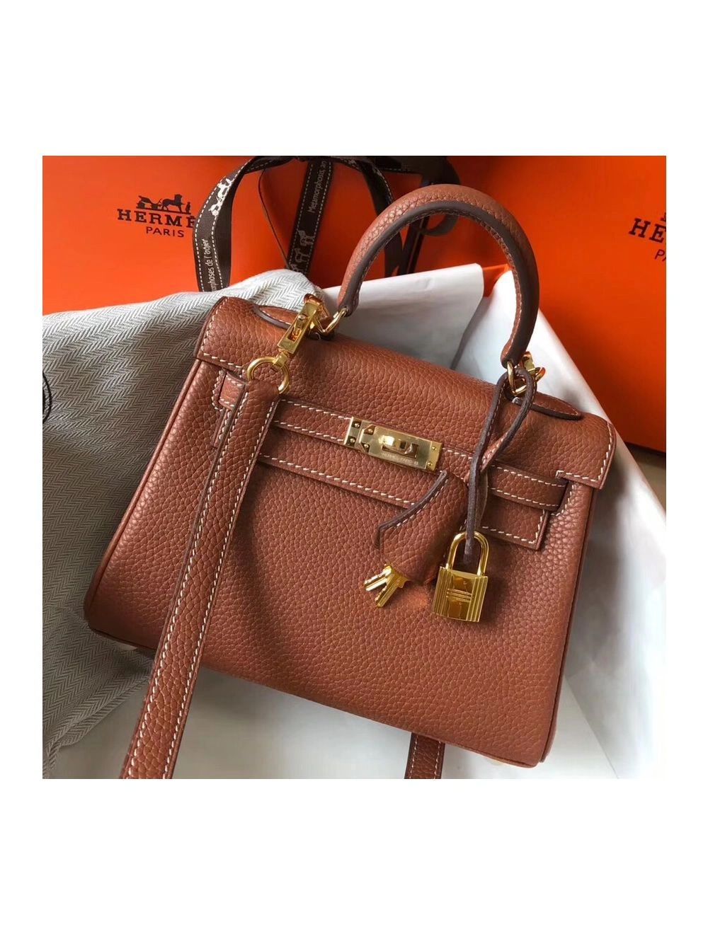 Hermes Kelly 20cm Bag In Gold Clemence Leather GHW