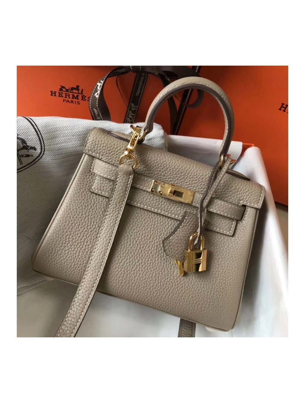 Hermes Kelly 20cm Bag In Grey Clemence Leather GHW