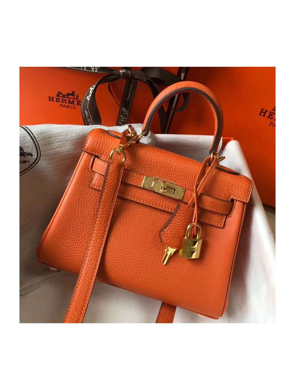 Hermes Kelly 20cm Bag In Orange Clemence Leather GHW