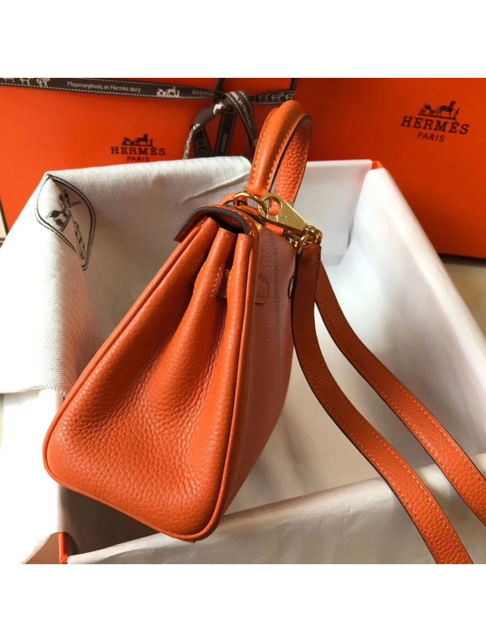 Hermes Kelly 20cm Bag In Orange Clemence Leather GHW