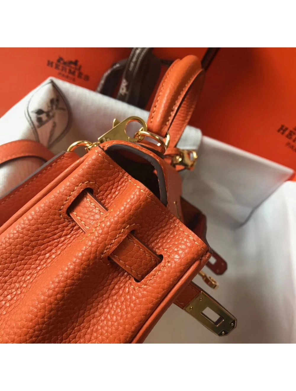 Hermes Kelly 20cm Bag In Orange Clemence Leather GHW