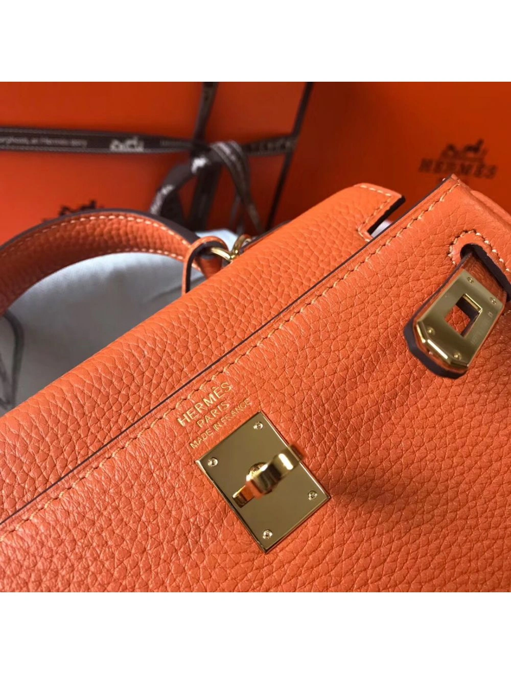Hermes Kelly 20cm Bag In Orange Clemence Leather GHW