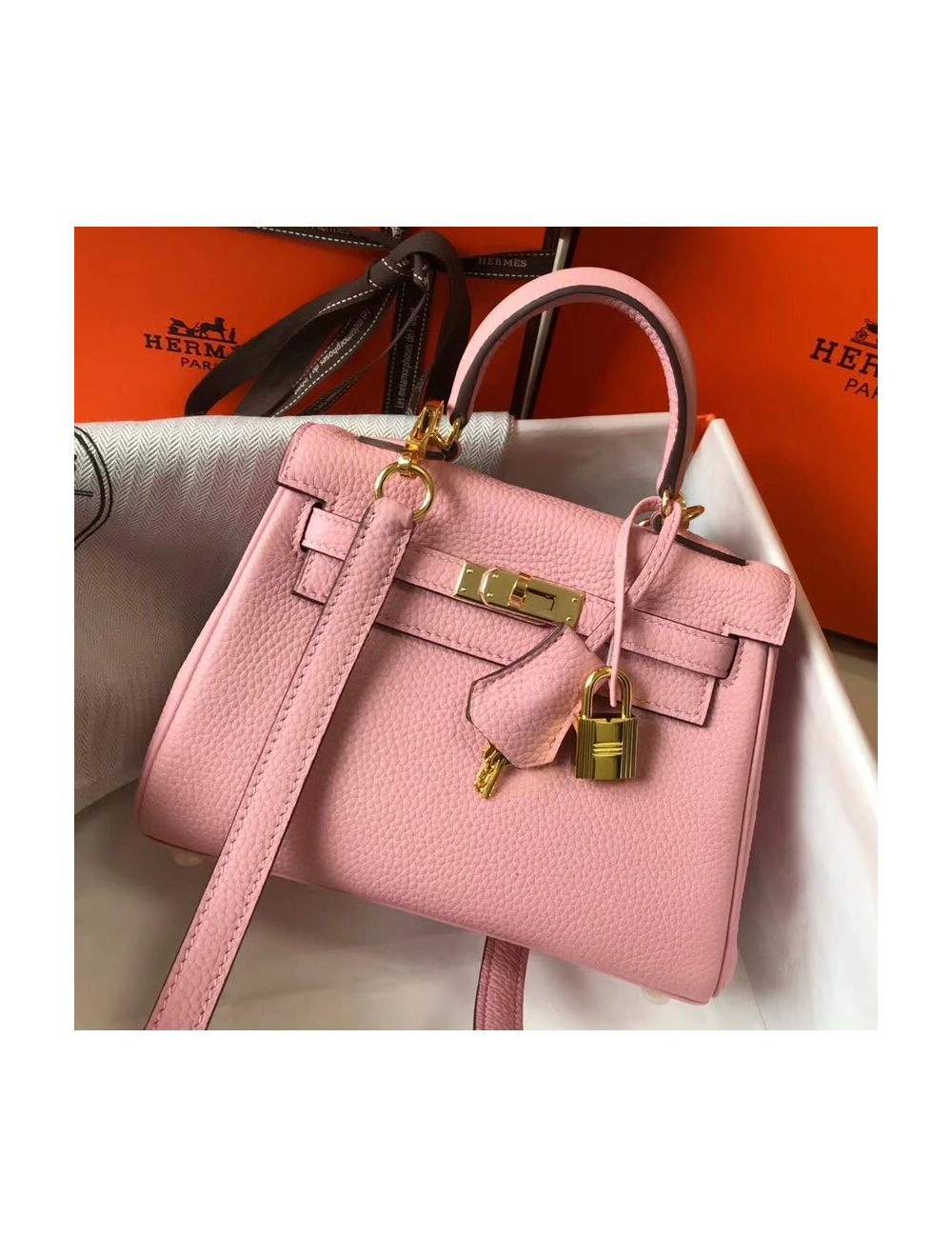 Hermes Kelly 20cm Bag In Pink Clemence Leather GHW