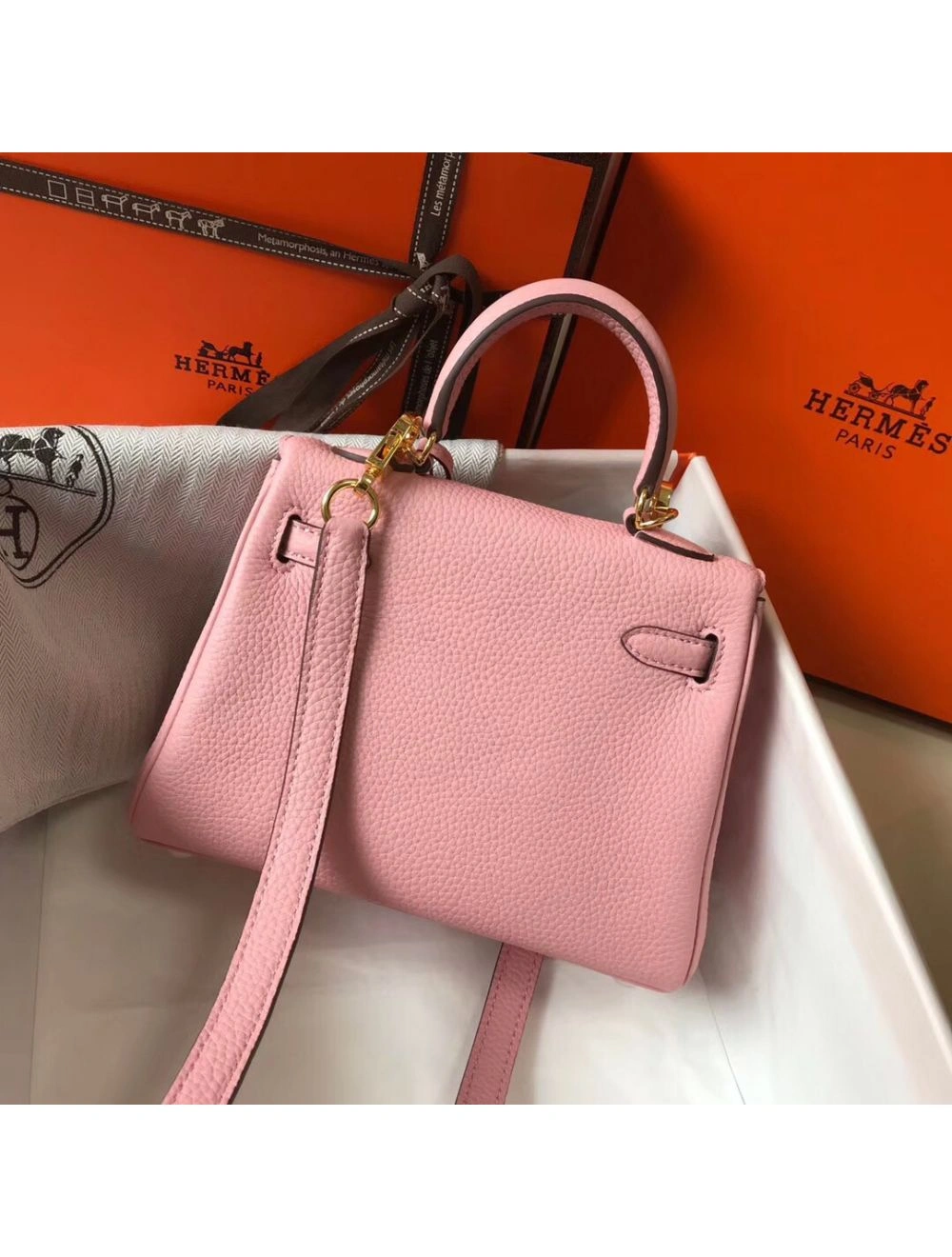 Hermes Kelly 20cm Bag In Pink Clemence Leather GHW