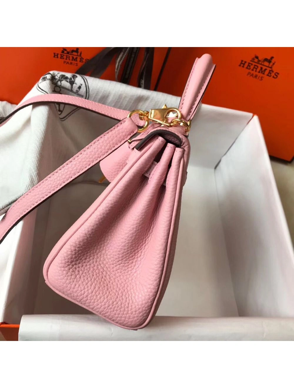Hermes Kelly 20cm Bag In Pink Clemence Leather GHW