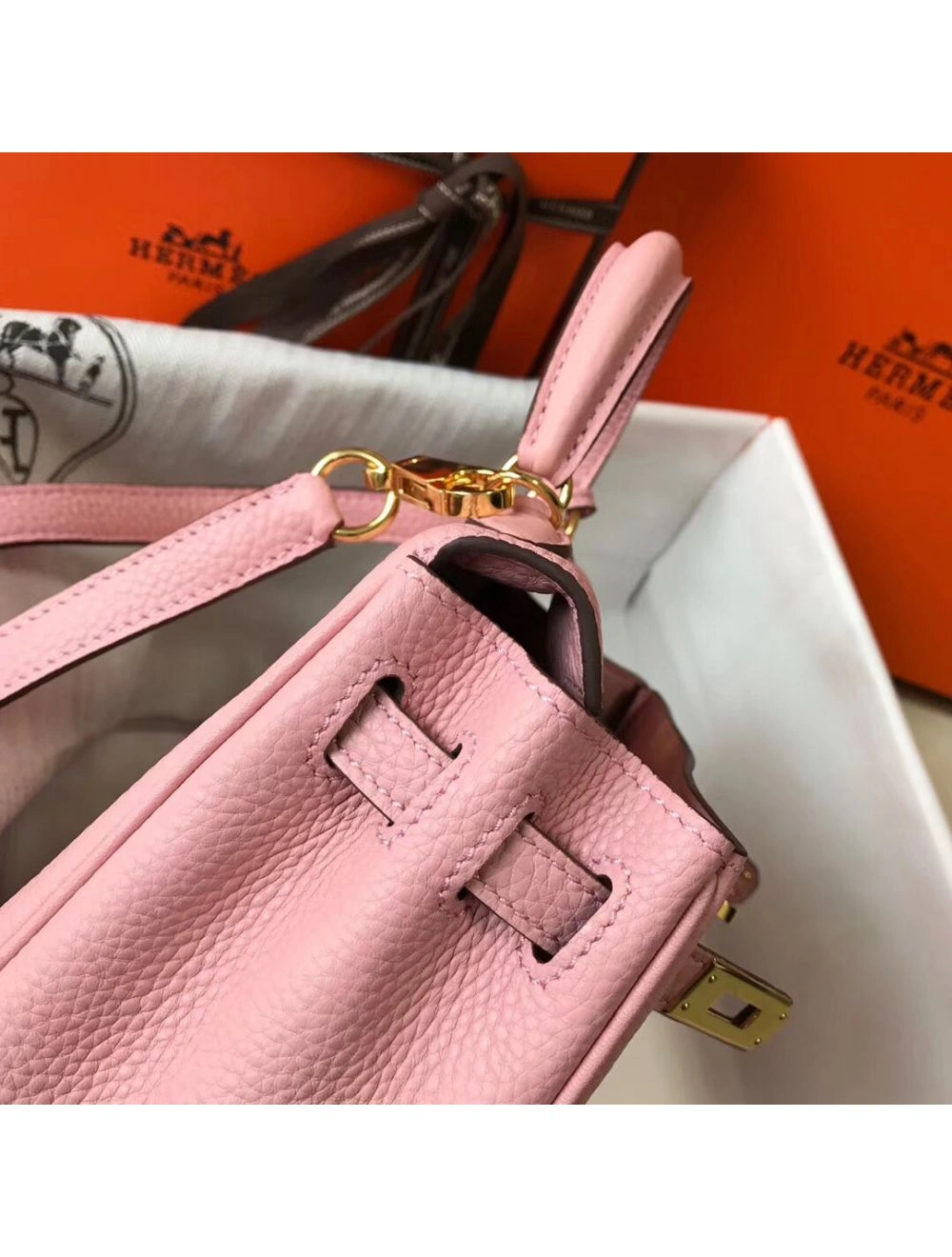 Hermes Kelly 20cm Bag In Pink Clemence Leather GHW