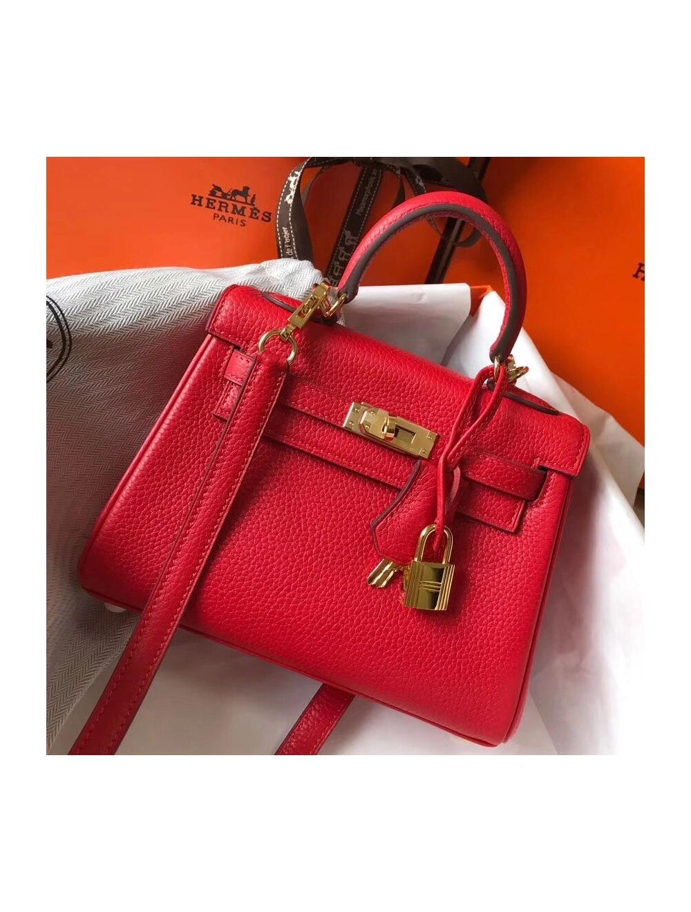 Hermes Kelly 20cm Bag In Red Clemence Leather GHW