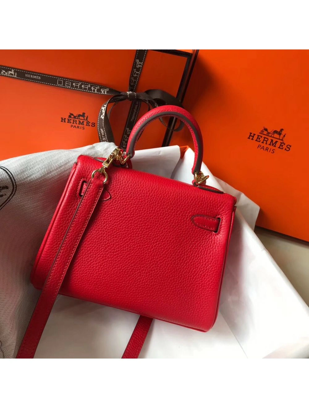 Hermes Kelly 20cm Bag In Red Clemence Leather GHW