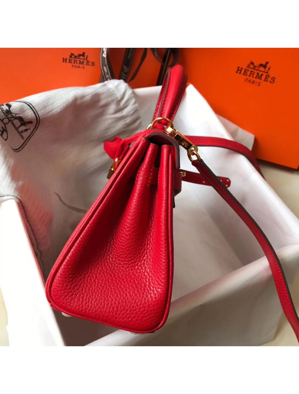 Hermes Kelly 20cm Bag In Red Clemence Leather GHW