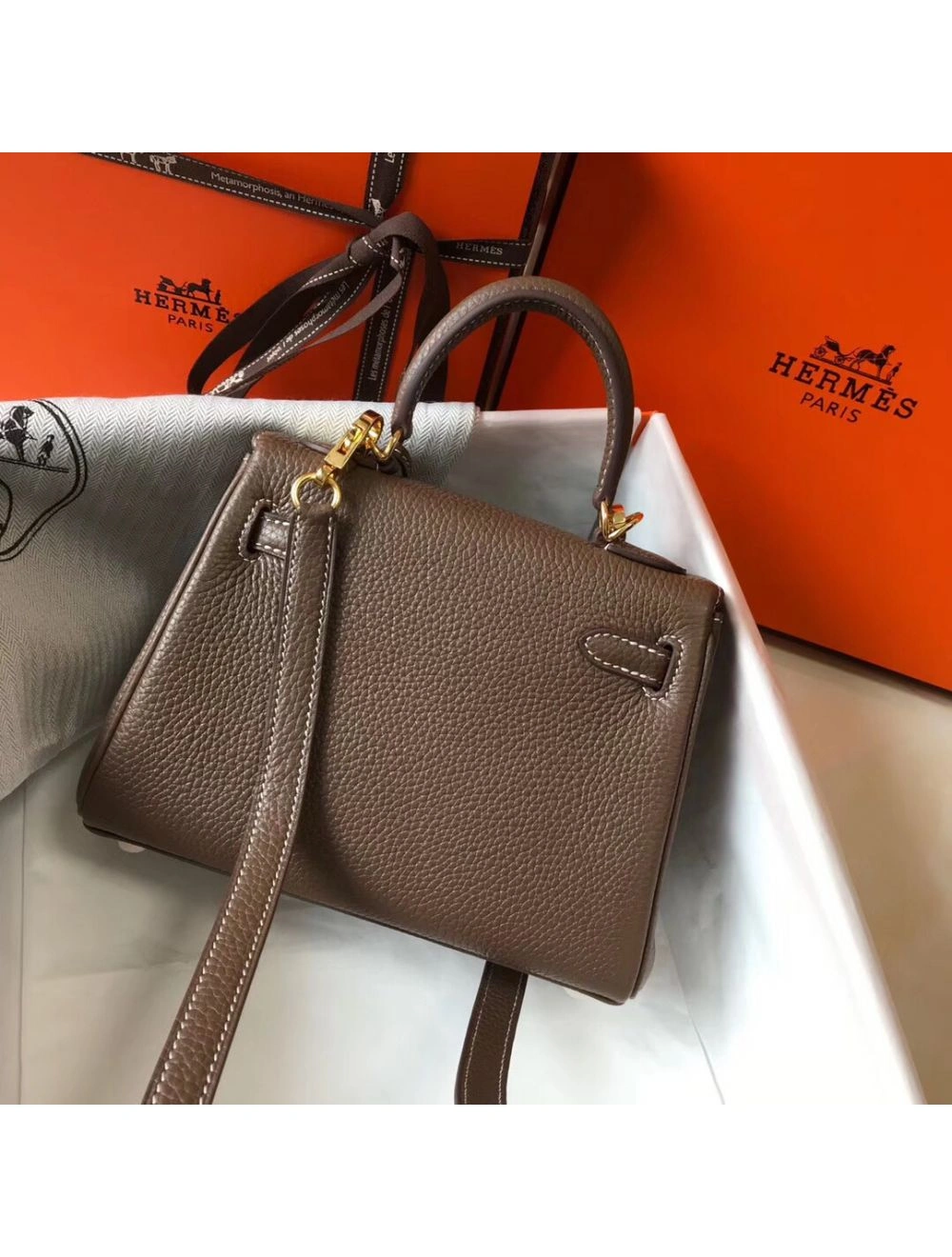 Hermes Kelly 20cm Bag In Taupe Clemence Leather GHW