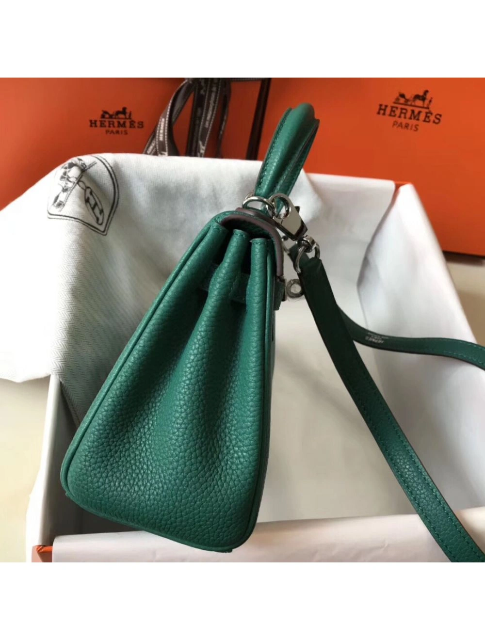 Hermes Kelly 20cm Bag In Vert Vertigo Clemence Leather PHW
