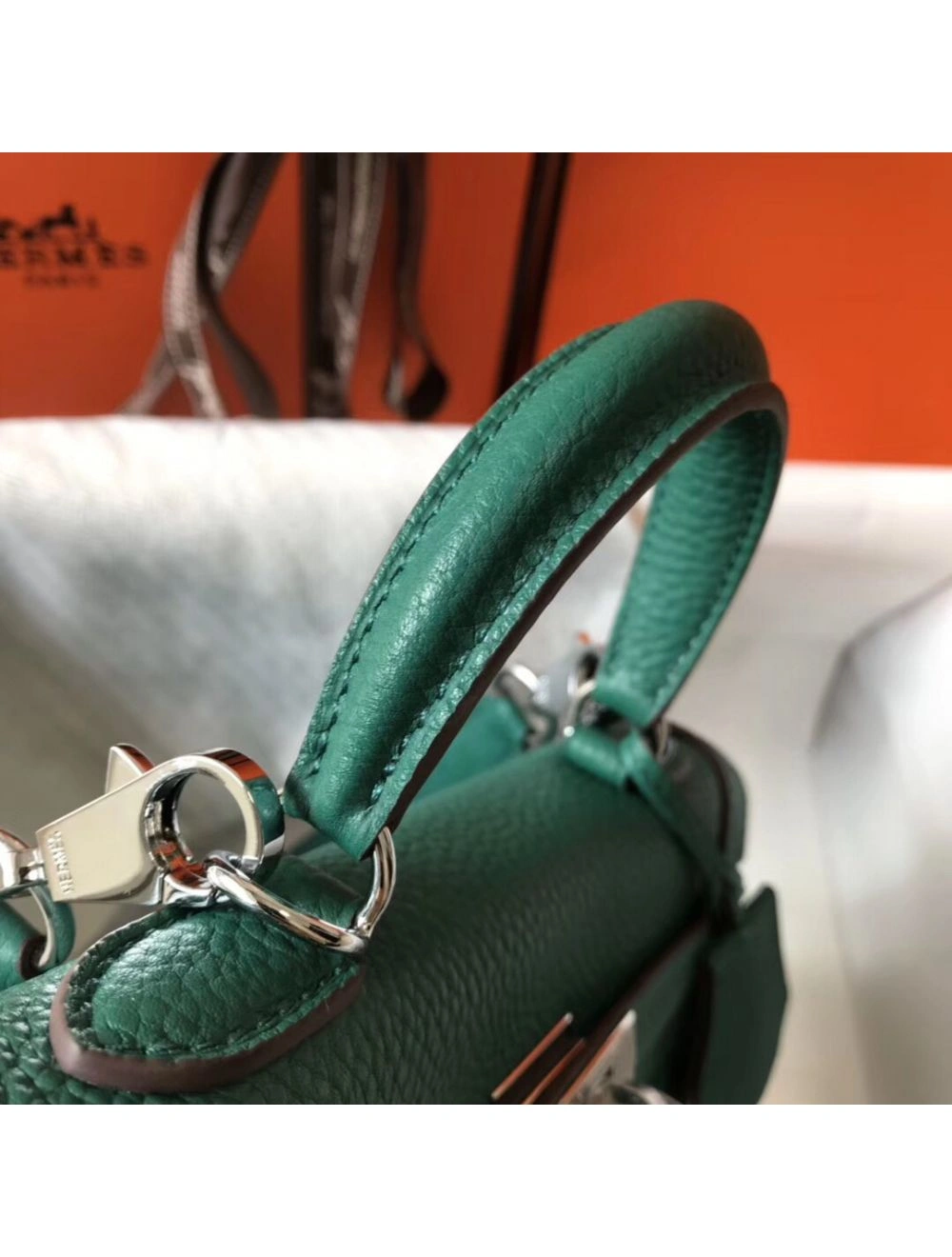 Hermes Kelly 20cm Bag In Vert Vertigo Clemence Leather PHW