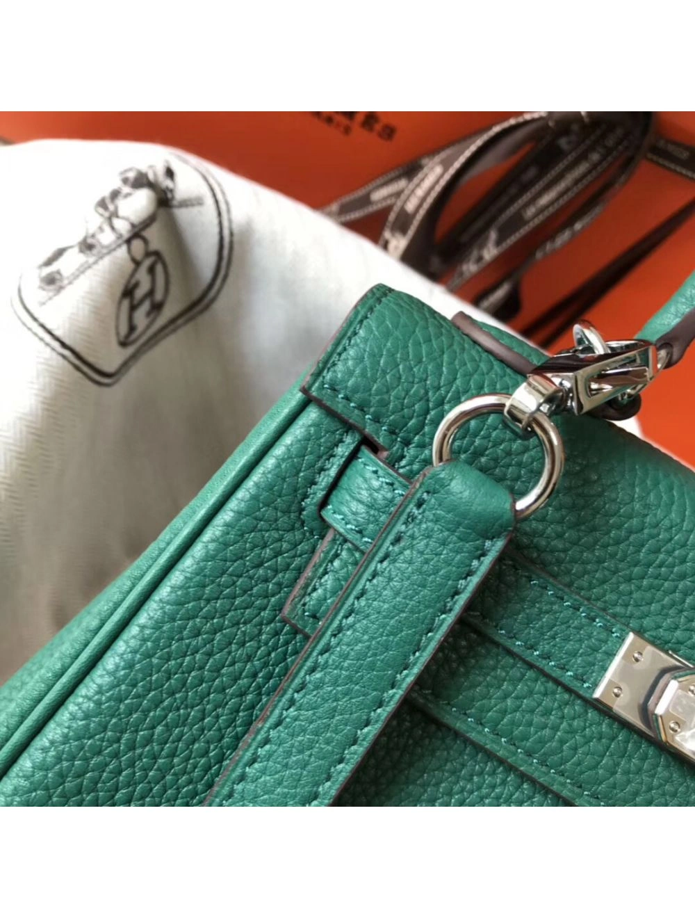 Hermes Kelly 20cm Bag In Vert Vertigo Clemence Leather PHW