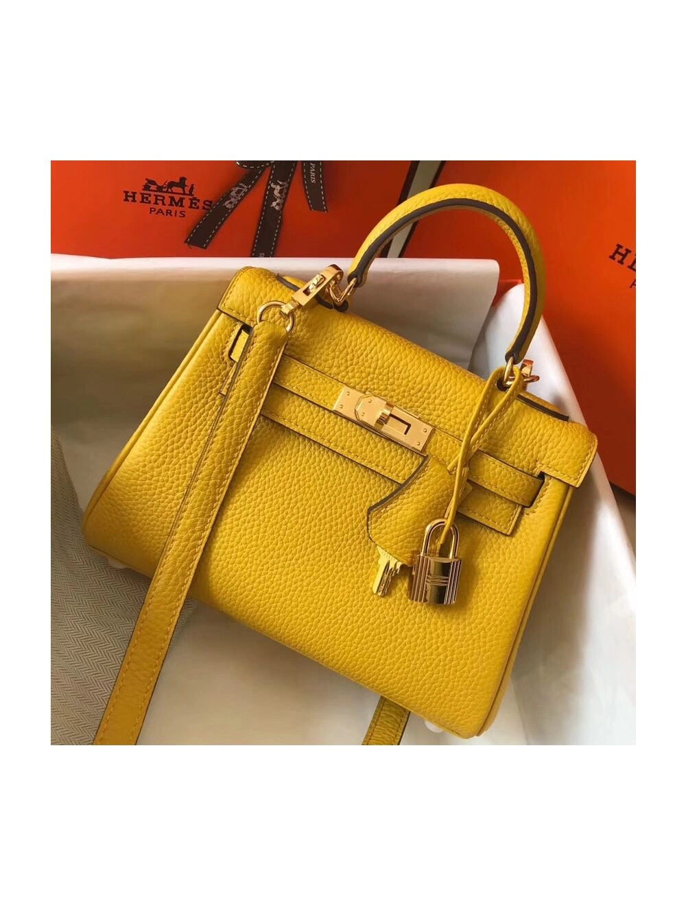 Hermes Kelly 20cm Bag In Yellow Clemence Leather GHW