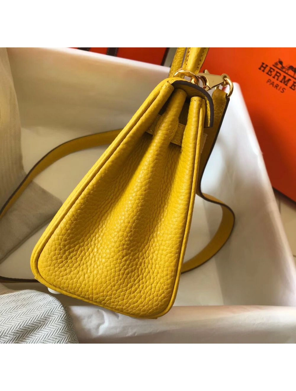 Hermes Kelly 20cm Bag In Yellow Clemence Leather GHW