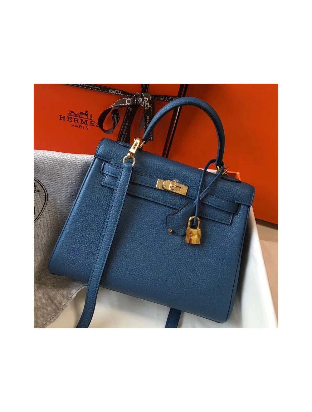 Hermes Kelly 25cm Retourne Bag In Agate Blue Clemence Leather