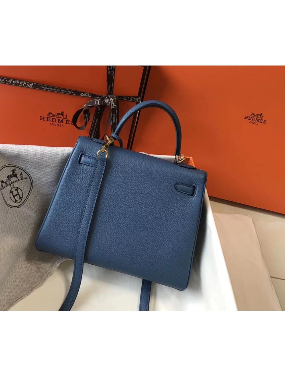 Hermes Kelly 25cm Retourne Bag In Agate Blue Clemence Leather