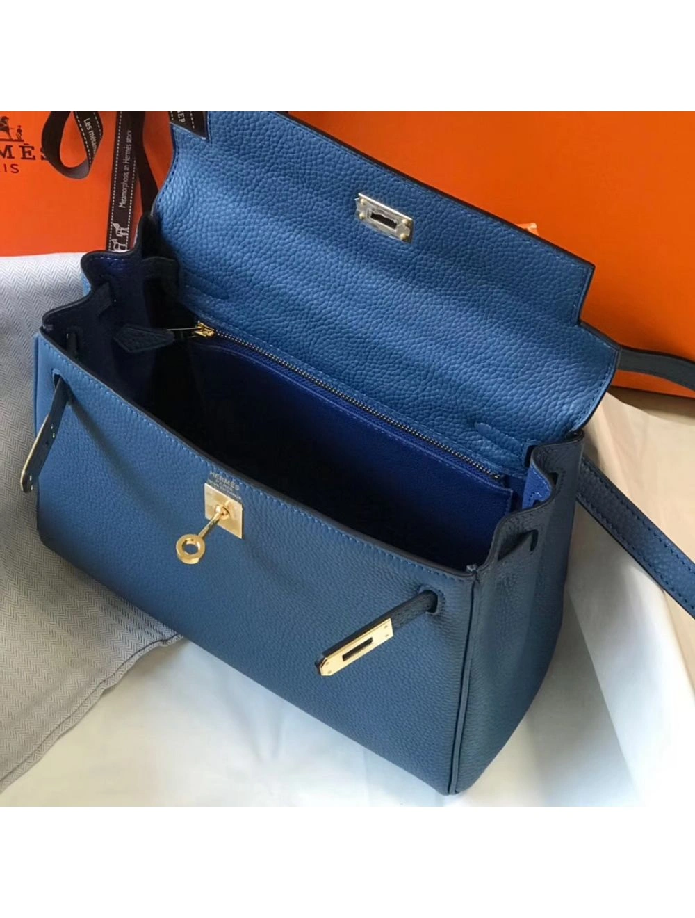 Hermes Kelly 25cm Retourne Bag In Agate Blue Clemence Leather