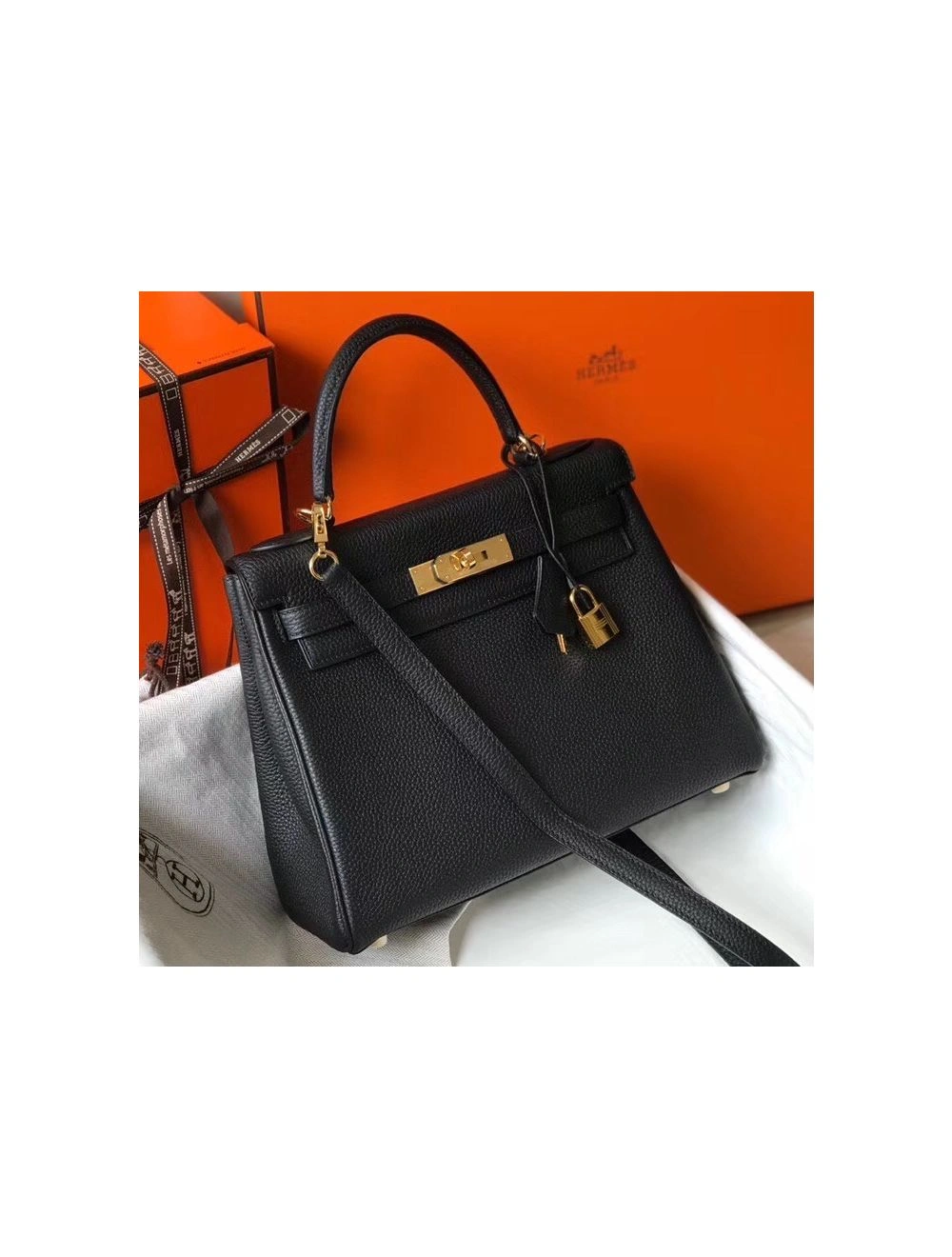 Hermes Kelly 25cm Retourne Bag In Black Clemence Leather