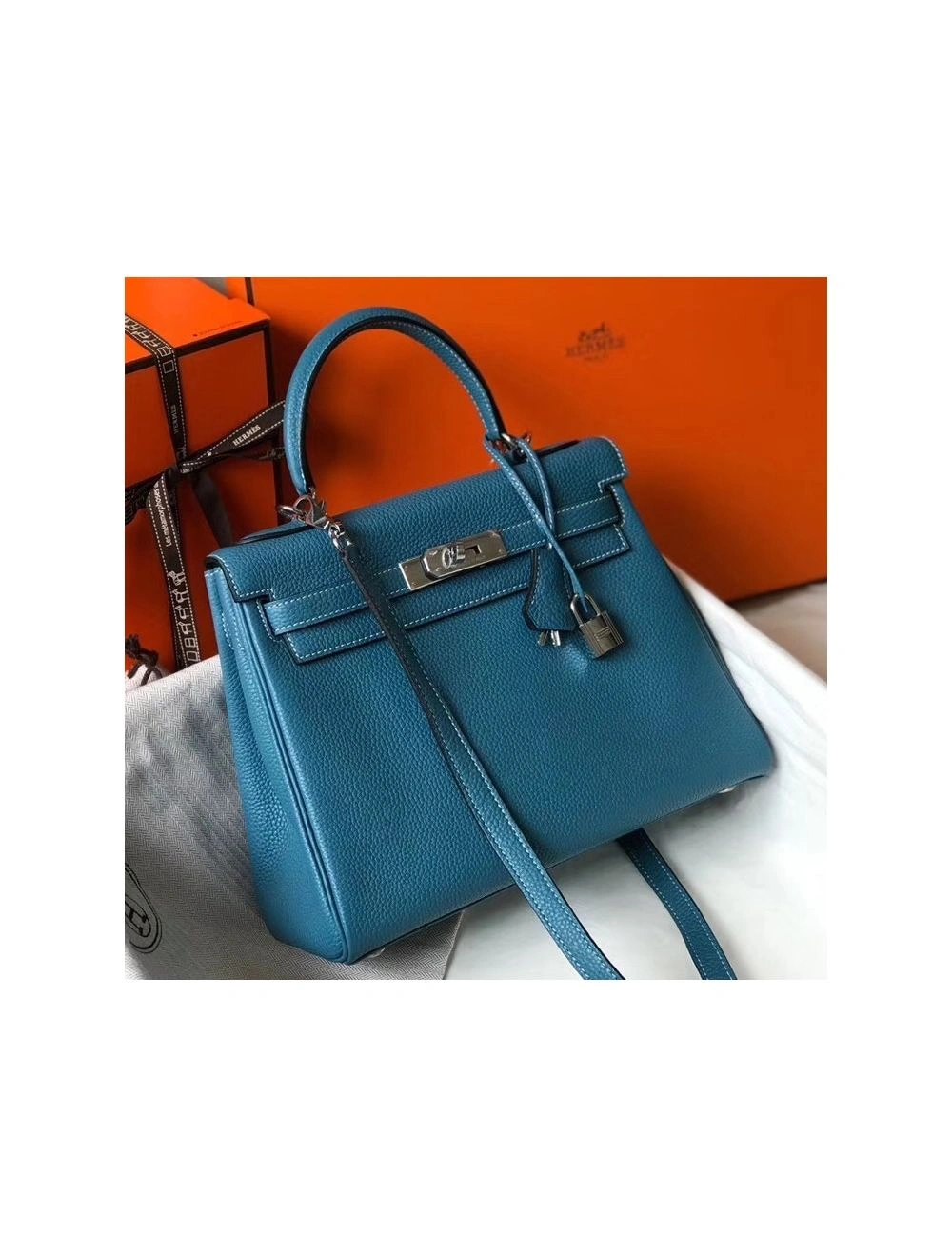 Hermes Kelly 25cm Retourne Bag In Blue Jean Clemence Leather