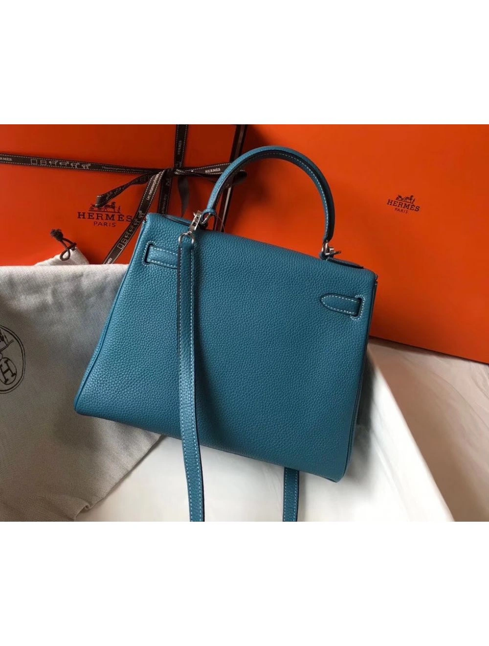 Hermes Kelly 25cm Retourne Bag In Blue Jean Clemence Leather