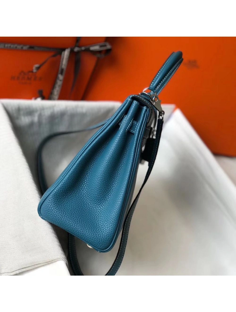 Hermes Kelly 25cm Retourne Bag In Blue Jean Clemence Leather