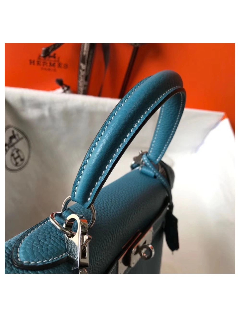 Hermes Kelly 25cm Retourne Bag In Blue Jean Clemence Leather