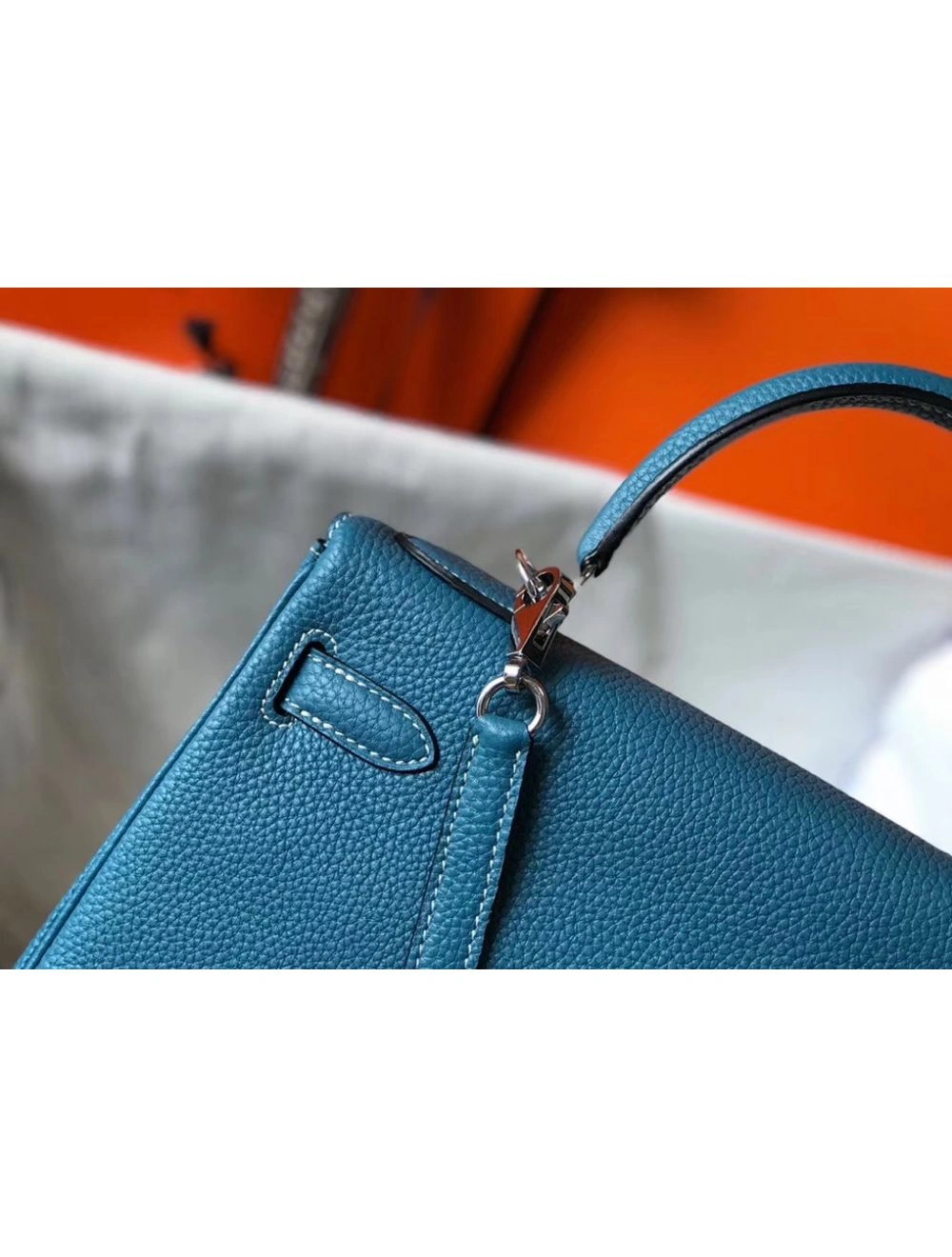 Hermes Kelly 25cm Retourne Bag In Blue Jean Clemence Leather
