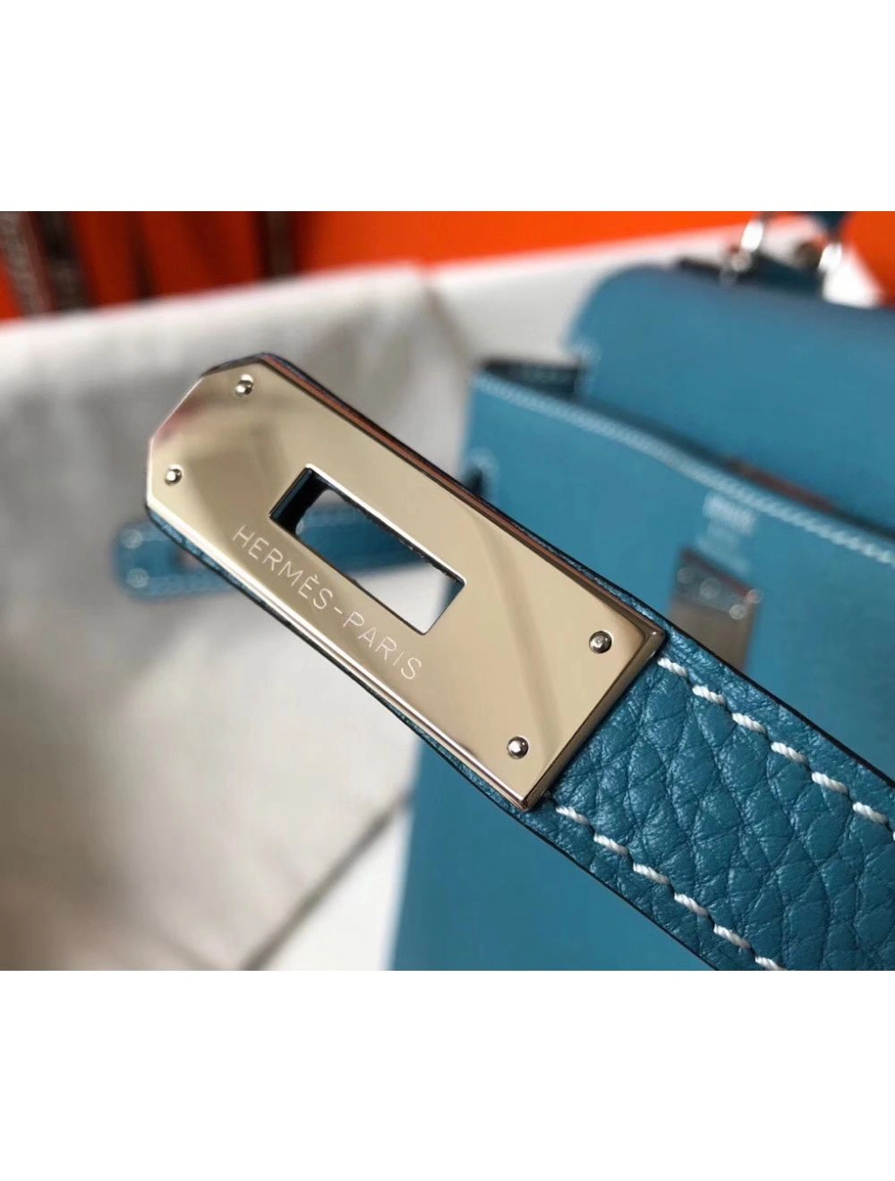 Hermes Kelly 25cm Retourne Bag In Blue Jean Clemence Leather