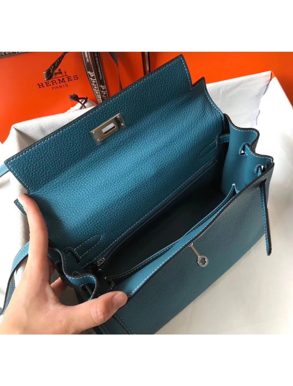 Hermes Kelly 25cm Retourne Bag In Blue Jean Clemence Leather