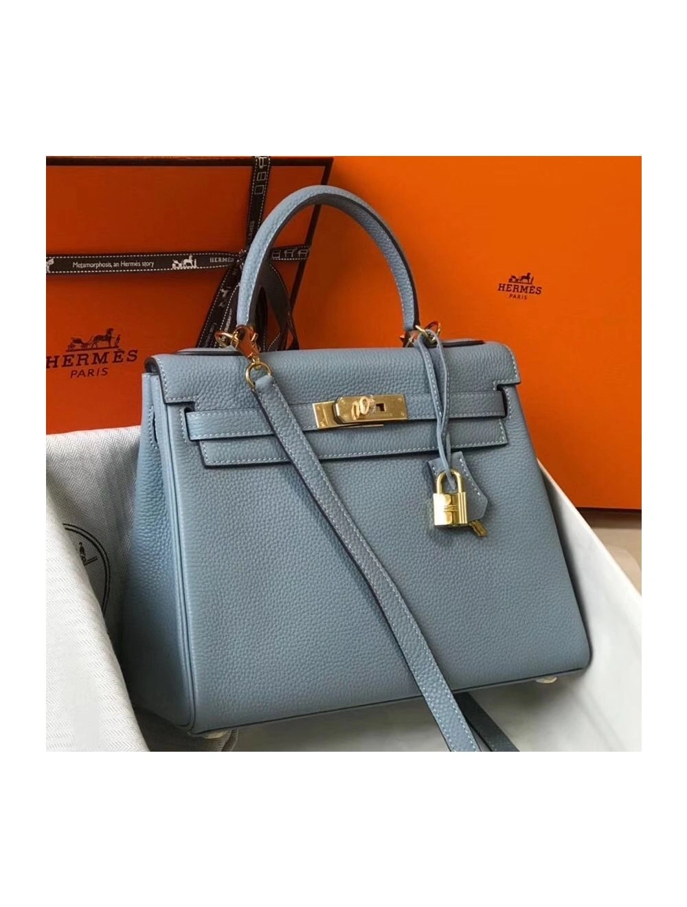 Hermes Kelly 25cm Retourne Bag In Blue Lin Clemence Leather