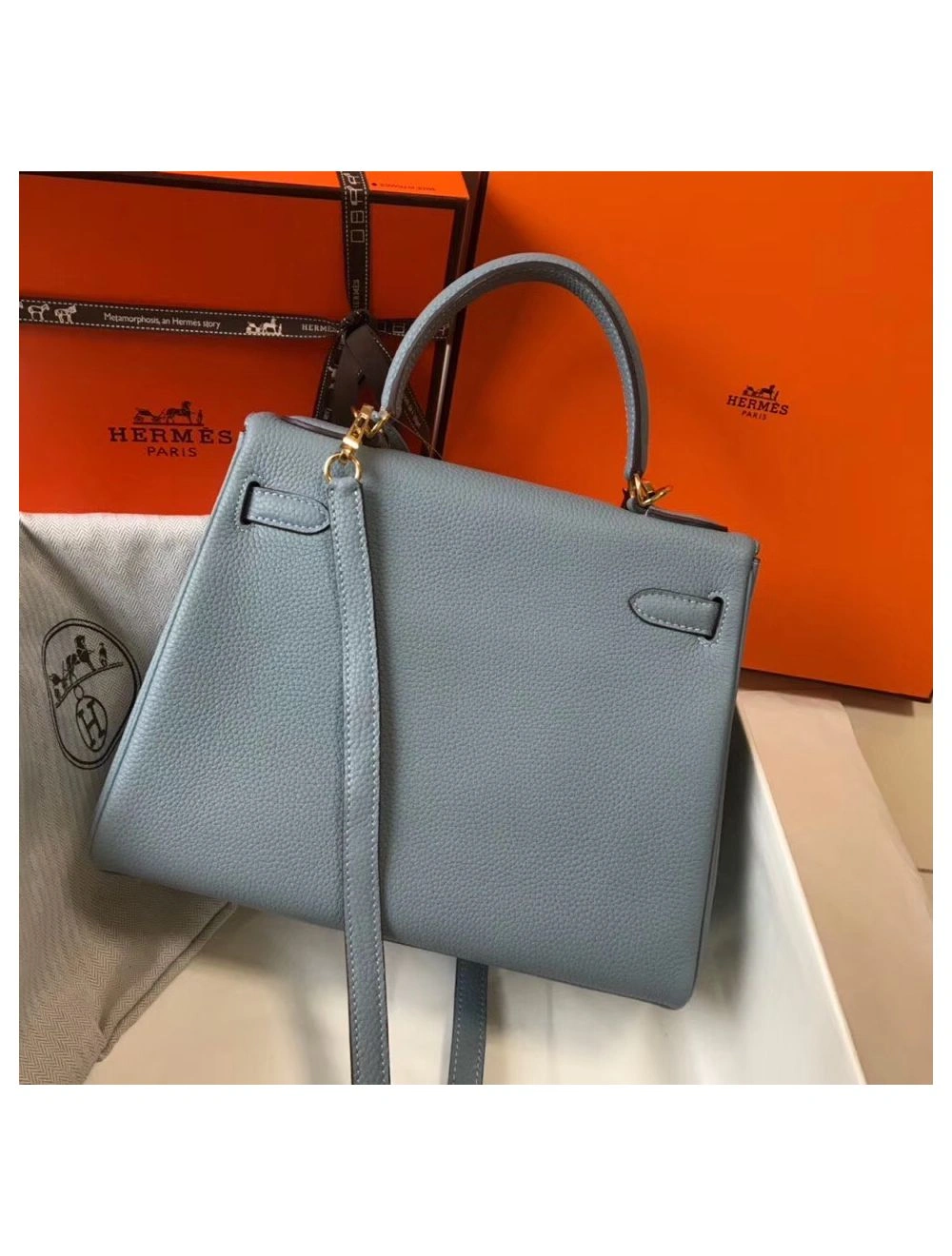 Hermes Kelly 25cm Retourne Bag In Blue Lin Clemence Leather