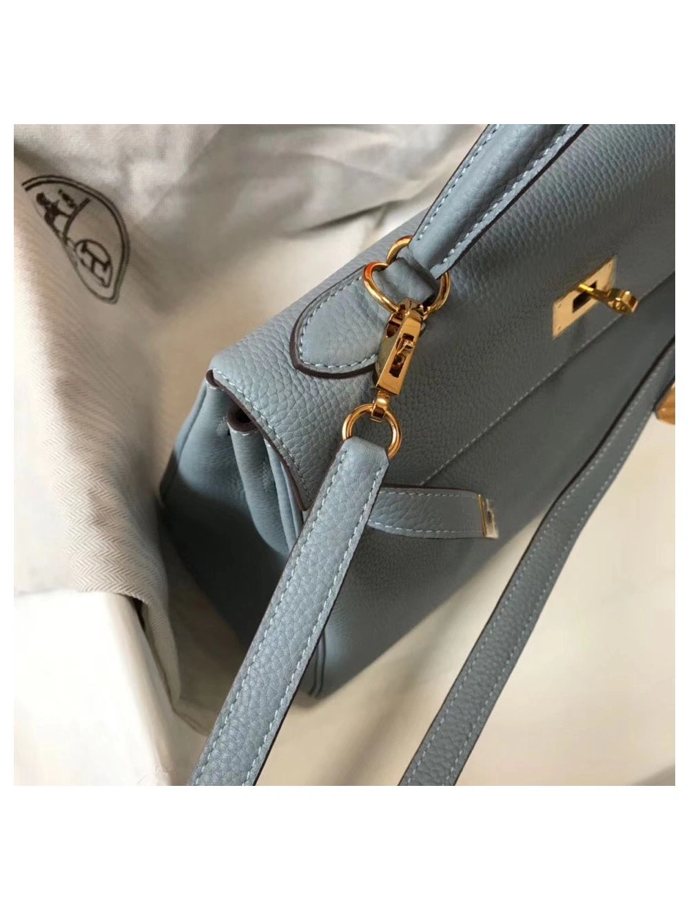 Hermes Kelly 25cm Retourne Bag In Blue Lin Clemence Leather