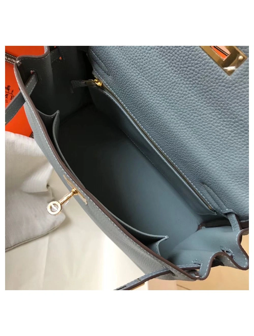 Hermes Kelly 25cm Retourne Bag In Blue Lin Clemence Leather