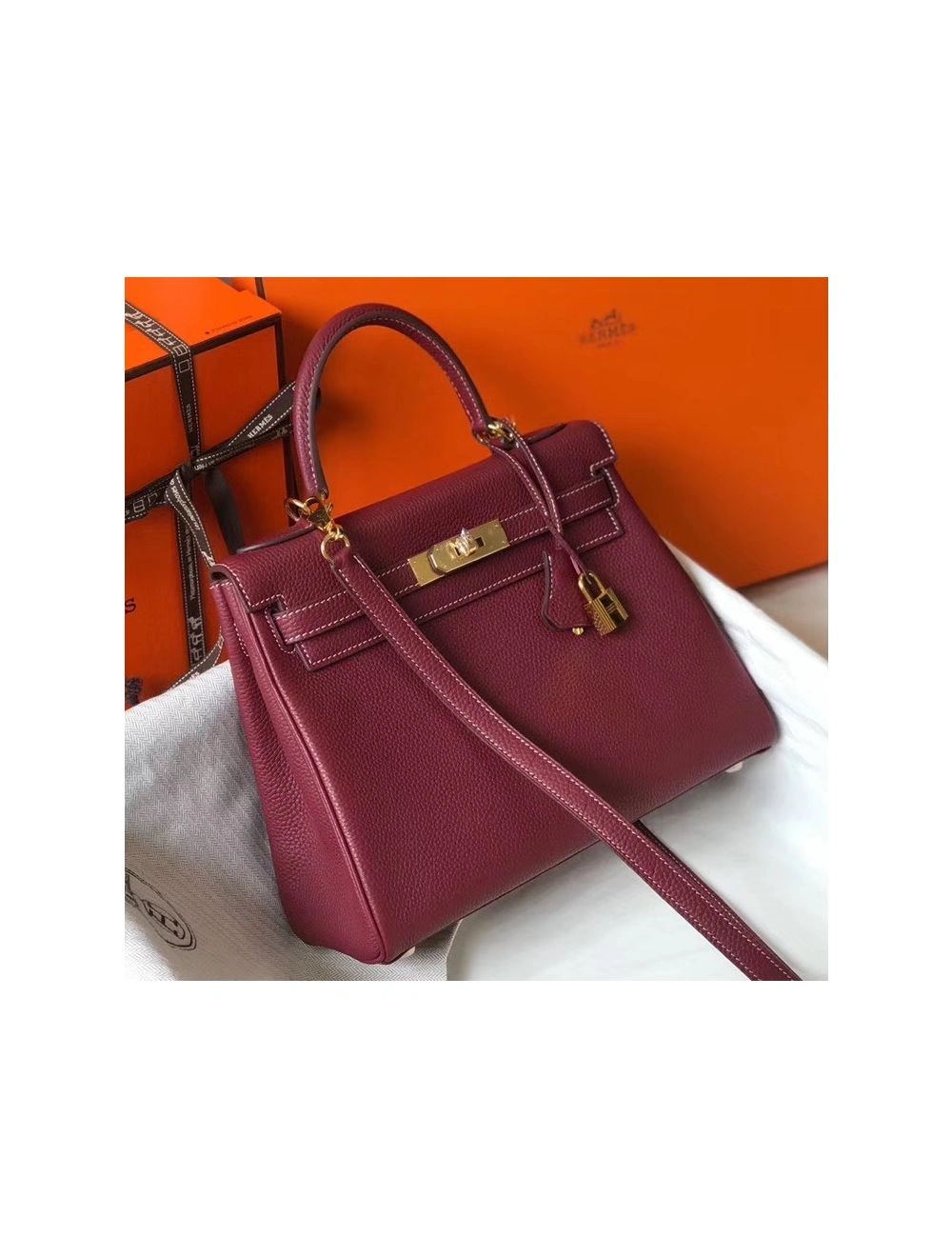 Hermes Kelly 25cm Retourne Bag In Bordeaux Clemence Leather
