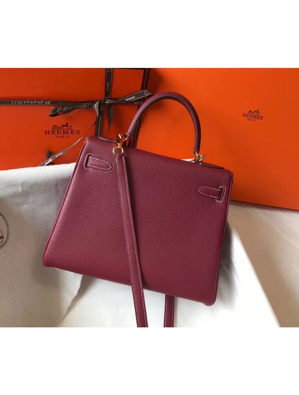 Hermes Kelly 25cm Retourne Bag In Bordeaux Clemence Leather
