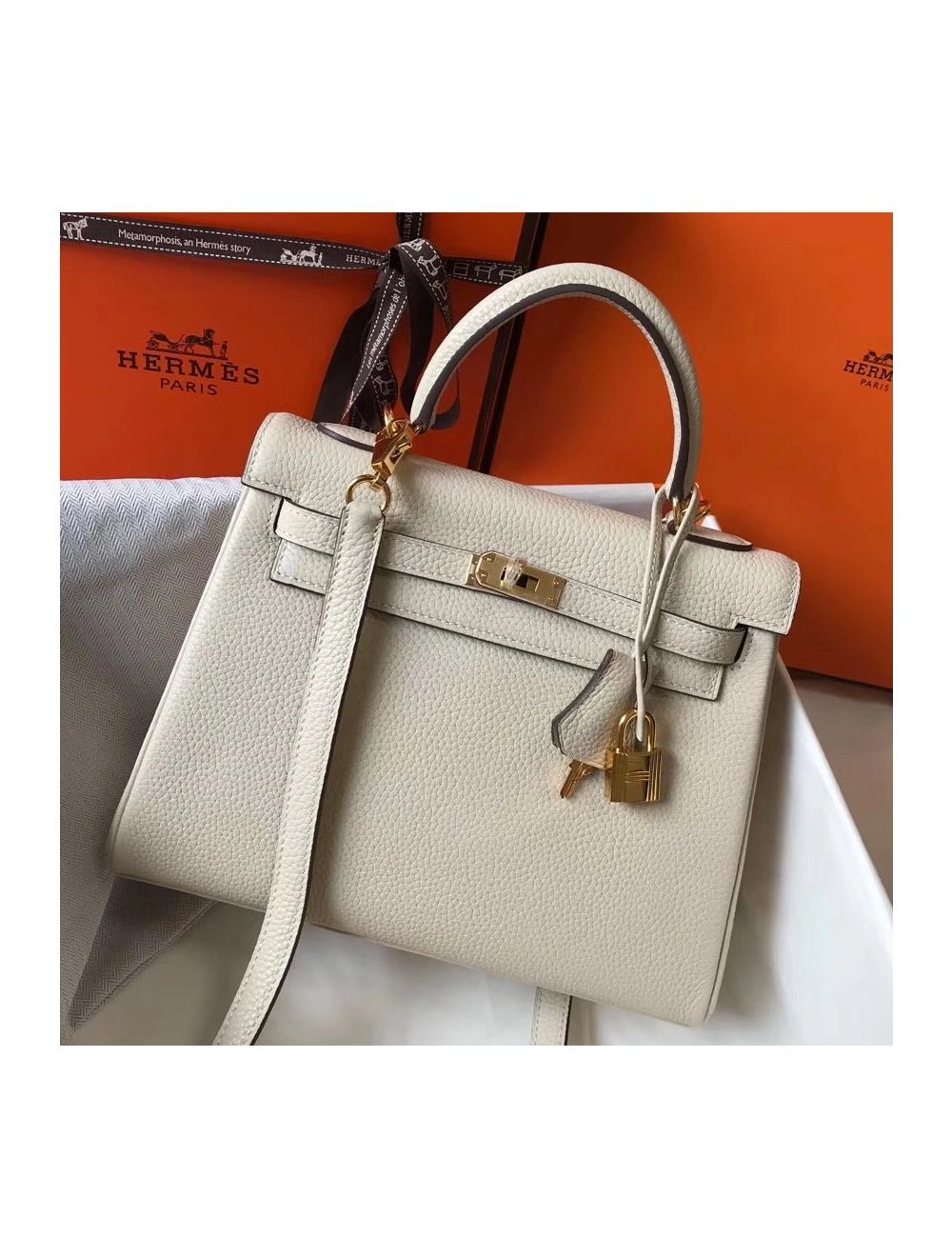Hermes Kelly 25cm Retourne Bag In Craie Clemence Leather