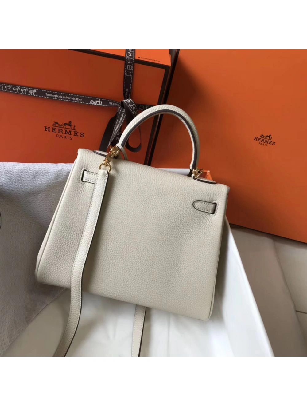 Hermes Kelly 25cm Retourne Bag In Craie Clemence Leather