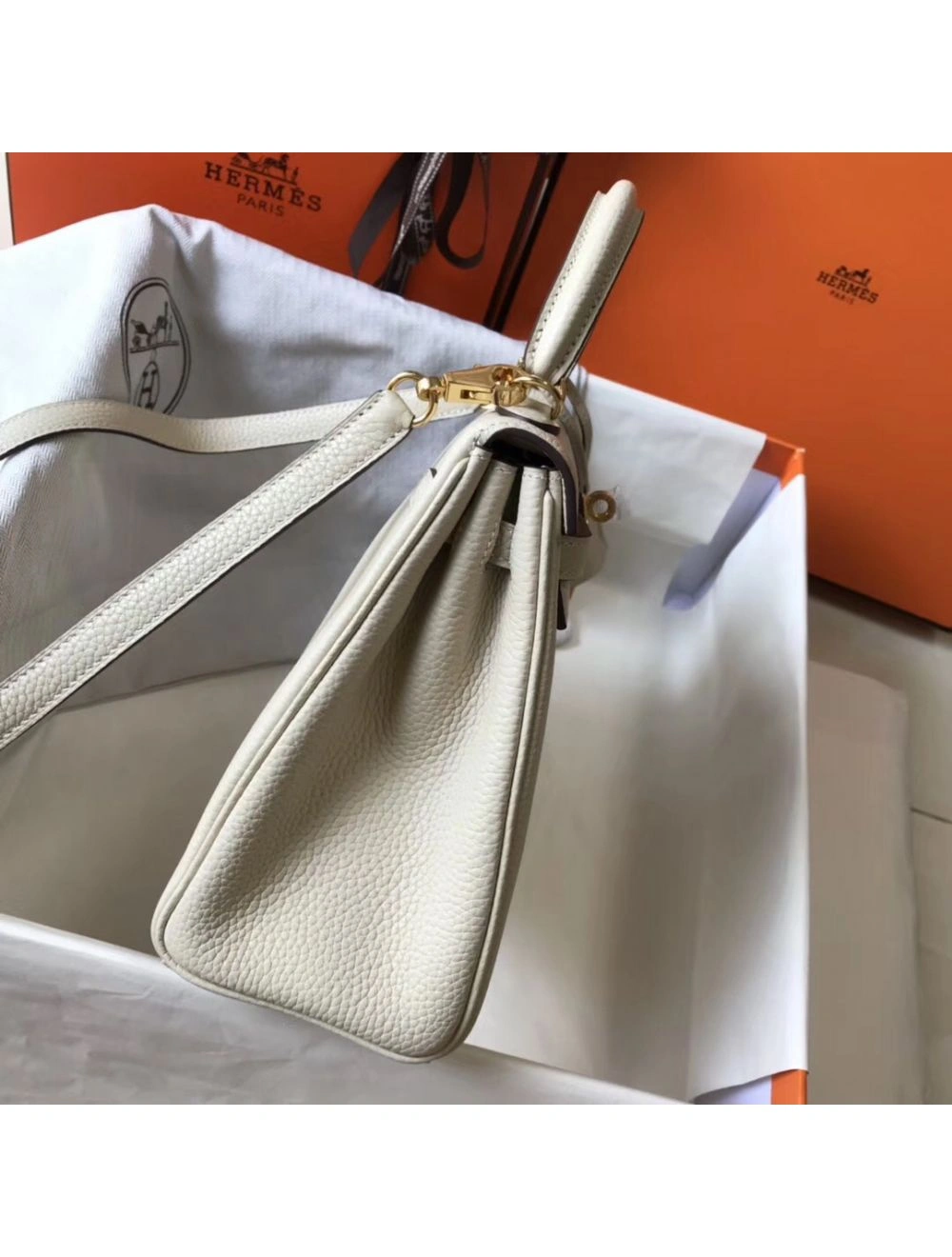 Hermes Kelly 25cm Retourne Bag In Craie Clemence Leather