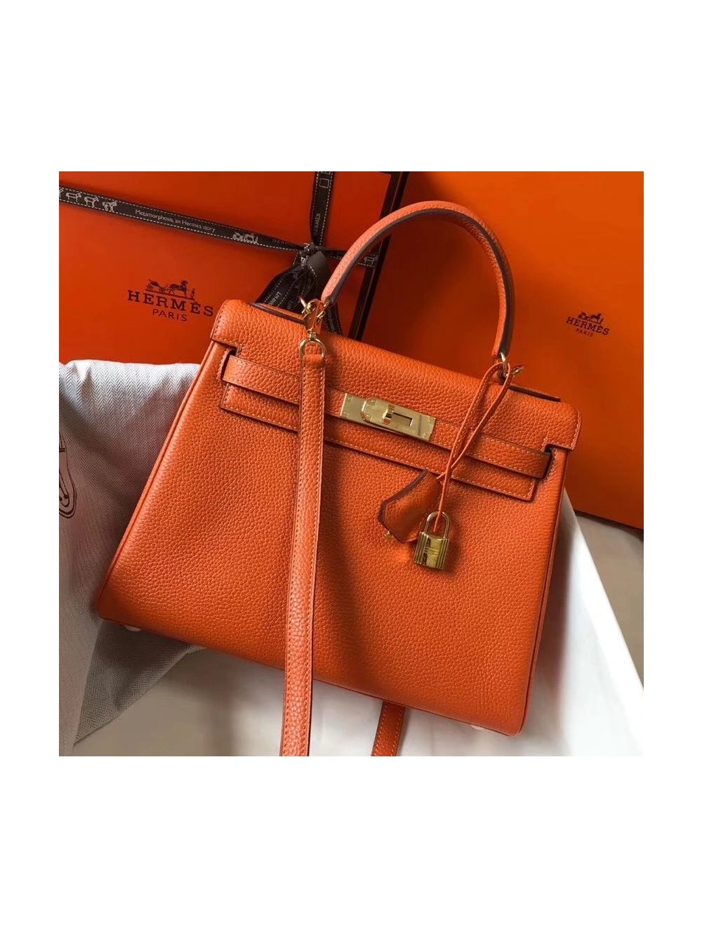 Hermes Kelly 25cm Retourne Bag In Orange Clemence Leather